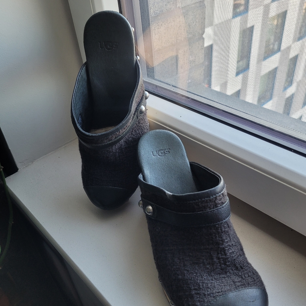 UGG Jolene clog. Size 8. Wooden Heel. Cloth. Leather. Rivets. Used and show wear